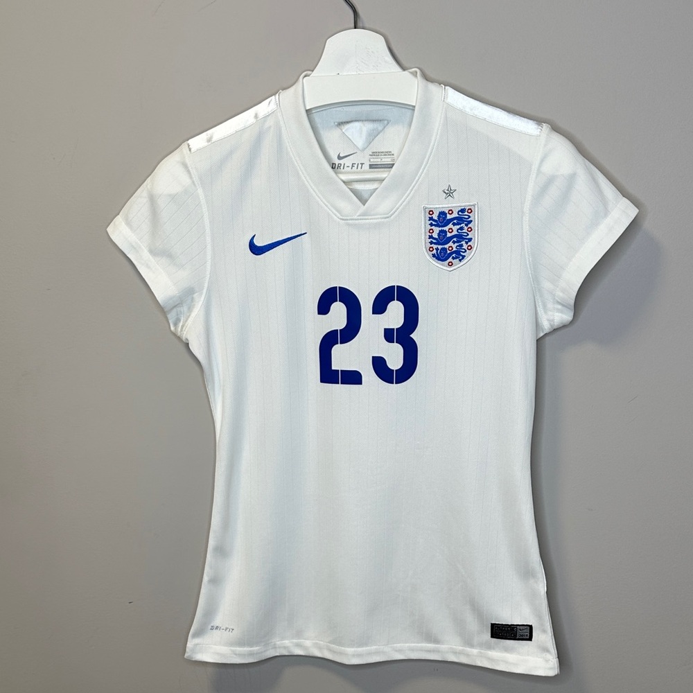 Nike White 2014 Women’s England Shaw 23 Soccer Football Jersey with Blue Accents